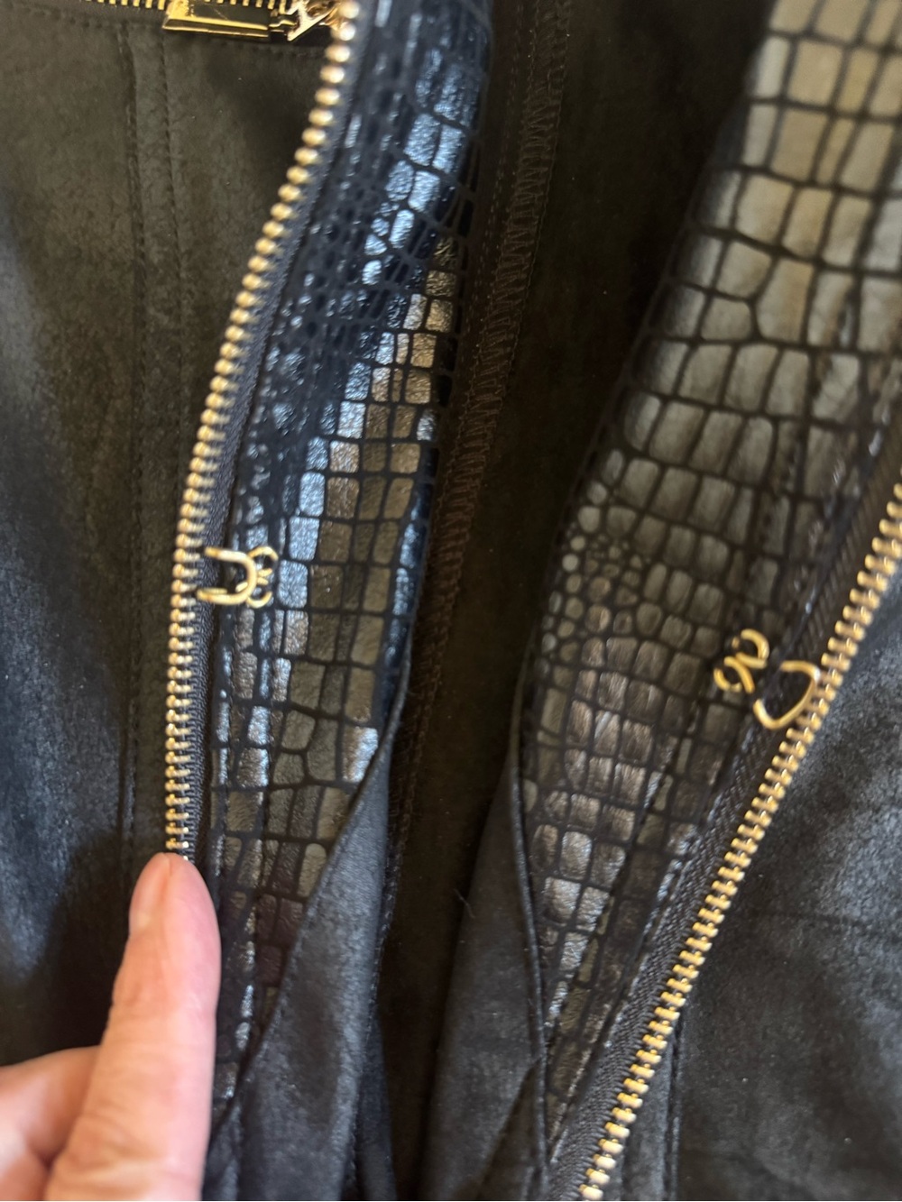 Lena Gabrielle Black Faux Leather Moto Jacket Croc-Texture and Gold tone Accents - Picture 8 of 8